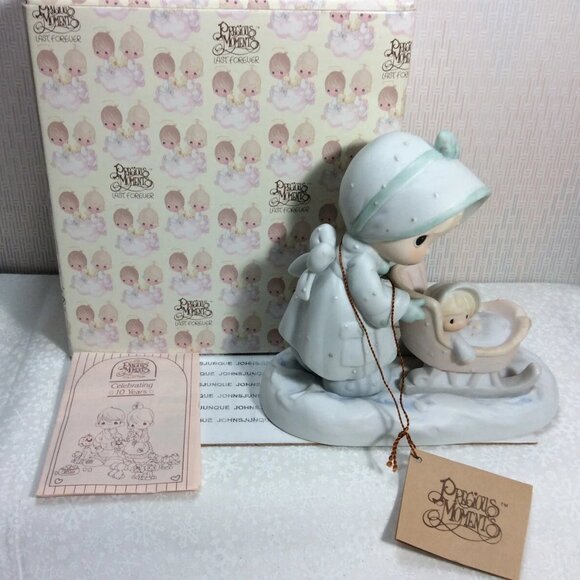 Precious Moments “January” (Item #109983 1987) — Mother and Baby on Sled Winter